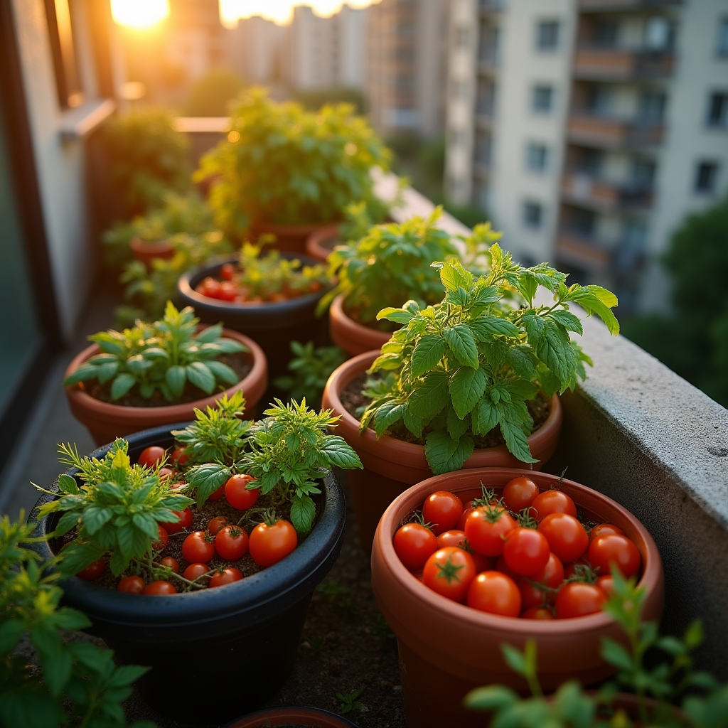 Grădină de balcon cu roșii și plante aromatice