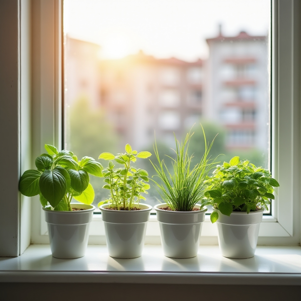 Grădină de ierburi aromatice în interior, pe pervazul ferestrei