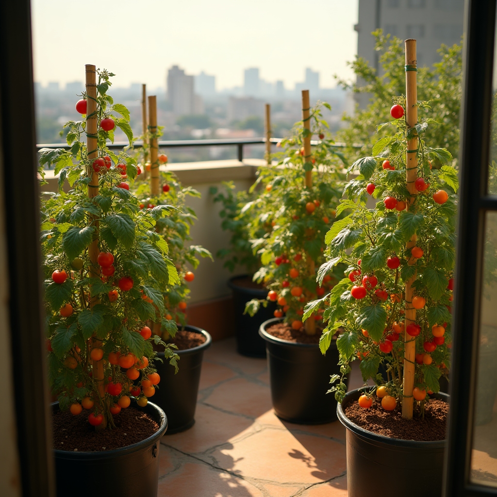 Roșii cherry crescute în containere pe balcon însorit