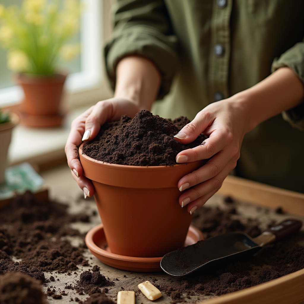 Mâini care pregătesc solul pentru plantare în ghivece